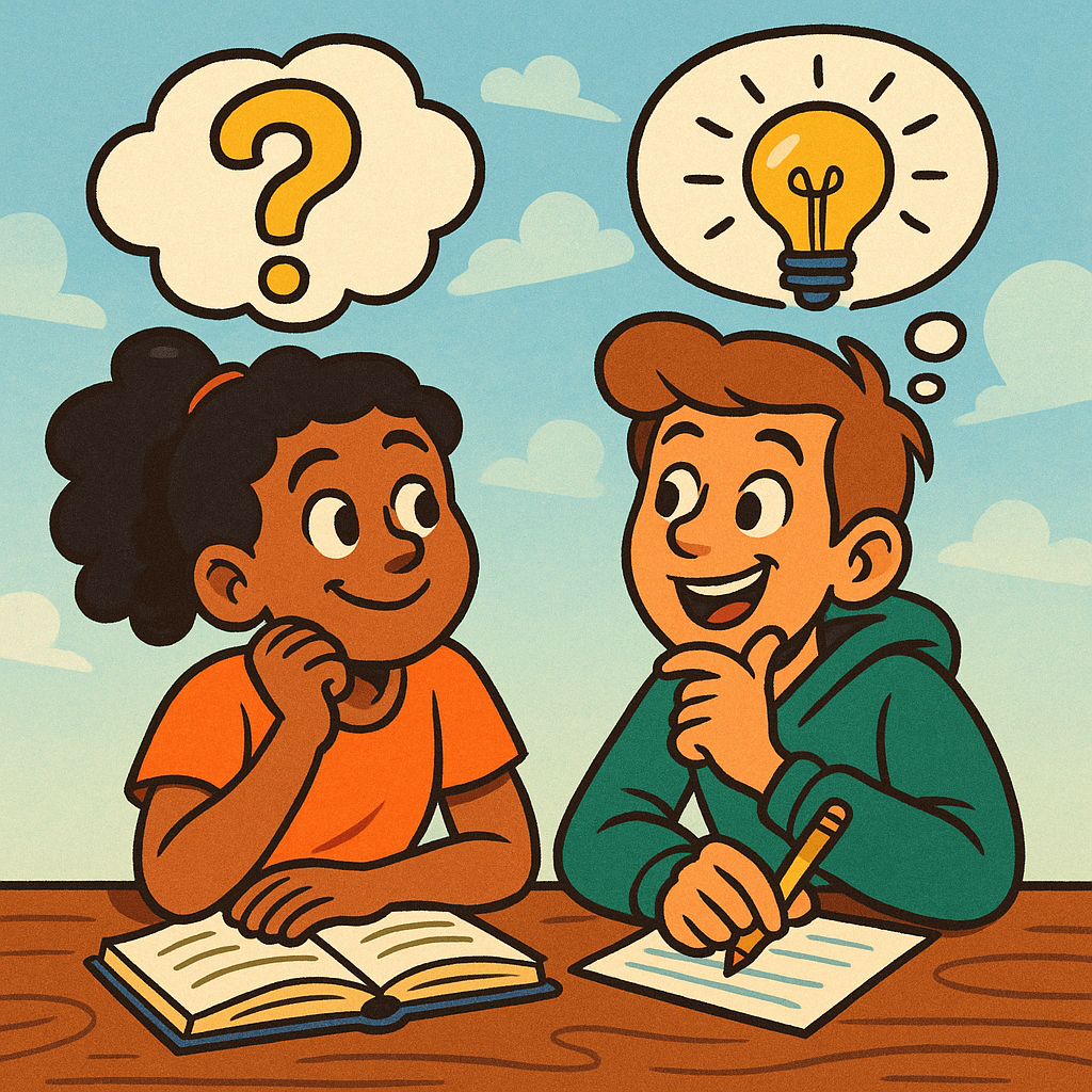 Cartoon illustration of two happy young people thinking together at a table, with a question mark and a lightbulb above their heads, symbolizing curiosity and critical thinking.