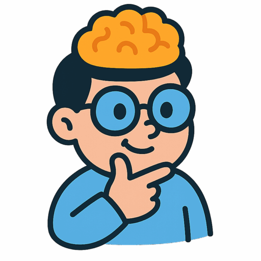 Cartoon-style thinking character with blue glasses and an orange brain icon, representing critical thinking