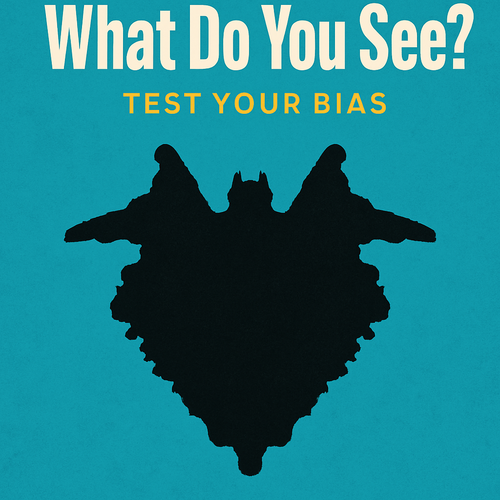A turquoise-background graphic featuring a large black inkblot at the center beneath the bold text “What Do You See? Test Your Bias,” designed to prompt viewers to reflect on their perceptions.